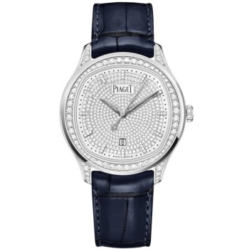 Falso Piaget Polo Data Alta Joia Diamante Mostrador Pulseira de Couro Ouro Branco Relógio Feminino G0A46024