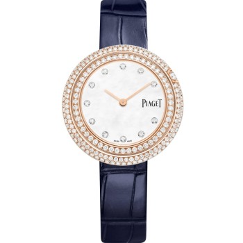 Réplica Piaget Possessão Data Mãe de Pérola Mostrador Diamante Rosa Ouro Pulseira de Couro Relógio Feminino G0A46073