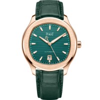 Cópia Piaget Polo Data Mostrador Verde Rosa Ouro Pulseira de Couro Relógio Masculino G0A47010