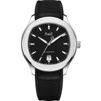 Copiar relógio masculino Piaget Polo Date com mostrador preto e pulseira de borracha G0A47014