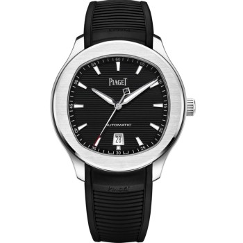 Copiar relógio masculino Piaget Polo Date com mostrador preto e pulseira de borracha G0A47014