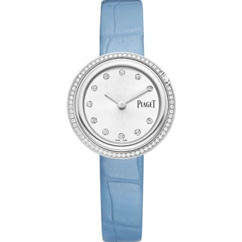 Cópia Piaget Possession Relógio feminino com mostrador prateado e pulseira de couro com diamante G0A48080