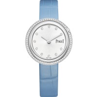 Relógio feminino falso Piaget Possession com mostrador prateado e pulseira de couro com diamante G0A48090