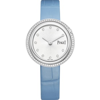 Relógio feminino falso Piaget Possession com mostrador prateado e pulseira de couro com diamante G0A48090