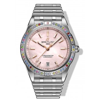 Falso Breitling Chronomat Automático 36 Mar do Sul Rosa Dial 18k Ouro Branco e Relógio Feminino de Aço Inoxidável G10380BB1K1G1