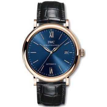 Replica Relógio IWC Portofino automático com mostrador azul e pulseira de couro preto IW356522