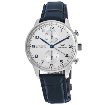 Réplica IWC Portugieser Cronógrafo Automático Mostrador Prata Pulseira De Couro Azul Relógio Masculino IW371605