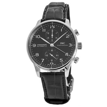 Réplica IWC Portugieser Cronógrafo Automático Mostrador Preto Pulseira De Couro Relógio Masculino IW371609