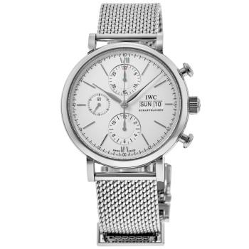 Réplica IWC Portofino Cronógrafo Prata Dial Malha Pulseira Relógio Masculino IW391028