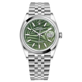 Cópia Rolex Datejust 36 aço inoxidável verde oliva com mostrador com motivo de palma relógio feminino M126200-0019