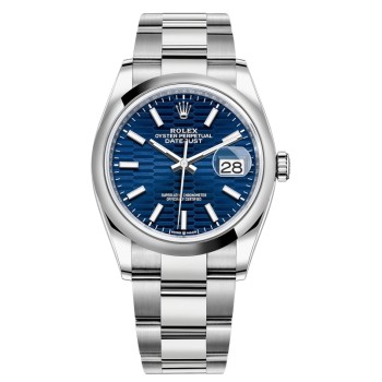 Copiar relógio feminino Rolex Datejust 36 em aço inoxidável com motivo canelado azul M126200-0022