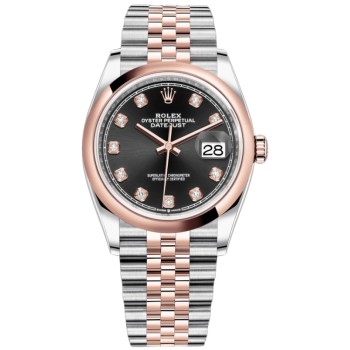 Cópia Rolex Datejust 36 Aço e amp; Relógio feminino Everose ouro preto com mostrador diamante M126201-0019