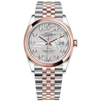 Rolex Datejust 36 falso em aço e amp; Relógio feminino Everose Gold Silver Palm-Motif Diamond Dial M126201-0037