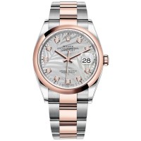 Réplica Rolex Datejust 36 em aço e amp; Relógio feminino Everose Gold Silver Palm-Motif Diamond Dial M126201-0038