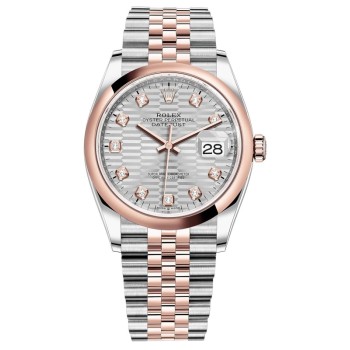 Réplica Rolex Datejust 36 em aço e amp; Relógio feminino Everose ouro prata com motivo canelado e mostrador de diamante M126201-0039