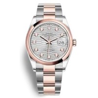 Cópia Rolex Datejust 36 Aço e amp; Relógio feminino Everose ouro prata com motivo canelado e mostrador de diamante M126201-0040