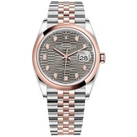 Réplica Rolex Datejust 36 em aço e amp; Relógio feminino Everose Gold Slate com motivo canelado e mostrador de diamante M126201-0041