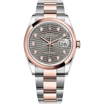 Cópia Rolex Datejust 36 Aço e amp; Relógio feminino Everose Gold Slate com motivo canelado e mostrador de diamante M126201-0042