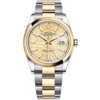 Réplica Rolex Datejust 36 em aço e amp; Relógio feminino com mostrador em ouro amarelo com motivo de palma dourada M126203-0038