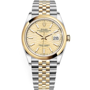 Cópia Rolex Datejust 36 Aço e amp; Relógio feminino com mostrador com motivo canelado dourado em ouro amarelo M126203-0039