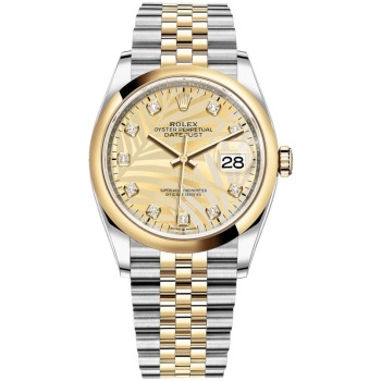 Réplica Rolex Datejust 36 em aço e amp; Relógio feminino em ouro amarelo com motivo de palma dourada e mostrador de diamante M126203-0043