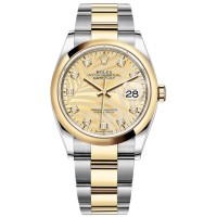 Cópia Rolex Datejust 36 Aço e amp; Relógio feminino em ouro amarelo com motivo de palma dourada e mostrador de diamante M126203-0044