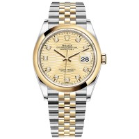 Rolex Datejust 36 falso em aço e amp; Relógio feminino em ouro amarelo com motivo canelado e diamante com mostrador M126203-0045