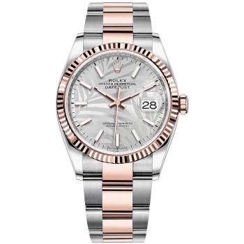 Réplica Rolex Datejust 36 em aço e amp; Relógio feminino Everose Gold Silver Palm-Motif com mostrador M126231-0032