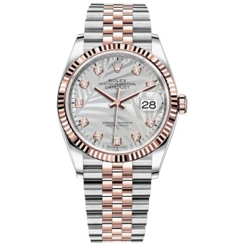 Cópia Rolex Datejust 36 Aço e amp; Relógio feminino Everose Gold Silver Palm-Motif Diamond Dial M126231-0037