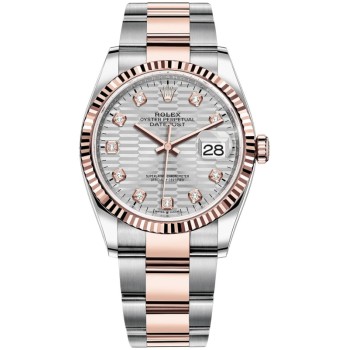 Réplica Rolex Datejust 36 em aço e amp; Relógio feminino Everose ouro prata com motivo canelado e mostrador de diamante M126231-0040