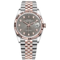 Rolex Datejust 36 falso em aço e amp; Relógio feminino Everose Gold Slate com motivo canelado e mostrador de diamante M126231-0041