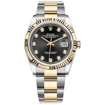 Rolex Datejust 36 falso em aço e amp; Relógio feminino em ouro amarelo com mostrador diamante preto M126233-0022