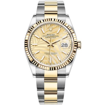 Rolex Datejust 36 falso em aço e amp; Relógio feminino com mostrador em ouro amarelo com motivo de palma dourada M126233-0038