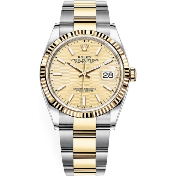 Cópia Rolex Datejust 36 Aço e amp; Relógio feminino com mostrador com motivo canelado dourado em ouro amarelo M126233-0040