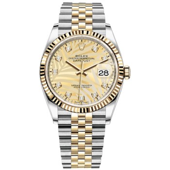 Rolex Datejust 36 falso em aço e amp; Relógio feminino em ouro amarelo com motivo de palma dourada e mostrador de diamante M126233-0043