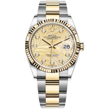 Réplica Rolex Datejust 36 em aço e amp; Relógio feminino em ouro amarelo com motivo de palma dourada e mostrador de diamante M126233-0044