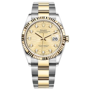 Relógio feminino Rolex Datejust 36 falso em ouro amarelo dourado com motivo canelado e mostrador de diamante M126233-0046