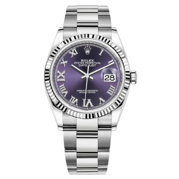 Falso Rolex Datejust 36 Aço Inoxidável Beringela Diamante Pave Mostrador Romano Relógio Feminino M126234-0022