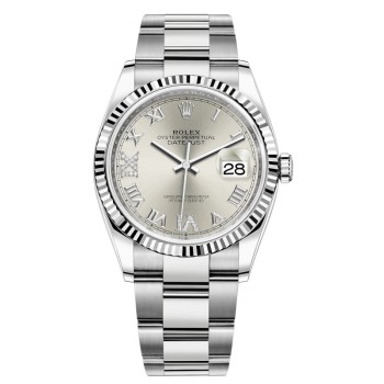 Réplica Rolex Datejust 36 em aço e amp; Relógio feminino em ouro branco prata diamante pavimentado com mostrador romano M126234-0030