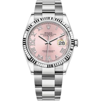 Réplica Rolex Datejust 36 em aço e amp; Relógio feminino em ouro branco rosa diamante pavimentado com mostrador romano M126234-0032