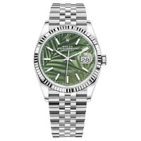 Cópia Rolex Datejust 36 Aço e amp; Relógio feminino com mostrador em ouro branco verde oliva com motivo de palma M126234-0047