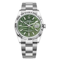 Rolex Datejust 36 falso em aço e amp; Relógio feminino com mostrador em ouro branco verde oliva com motivo de palma M126234-0048