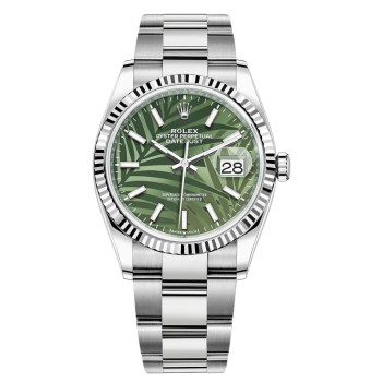 Rolex Datejust 36 falso em aço e amp; Relógio feminino com mostrador em ouro branco verde oliva com motivo de palma M126234-0048