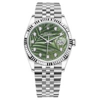 Réplica Rolex Datejust 36 em aço e amp; Relógio feminino em ouro branco verde oliva com motivo de palma e mostrador de diamante M126234-0055