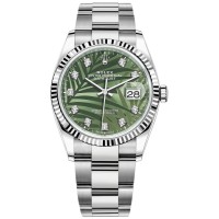 Cópia Rolex Datejust 36 Aço e amp; Relógio feminino em ouro branco verde oliva com motivo de palma e mostrador de diamante M126234-0056