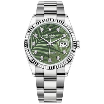 Cópia Rolex Datejust 36 Aço e amp; Relógio feminino em ouro branco verde oliva com motivo de palma e mostrador de diamante M126234-0056