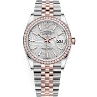 Cópia Rolex Datejust 36 Aço e amp; Relógio feminino Everose Gold Silver Palm-Motif com moldura de diamante M126281RBR-0019