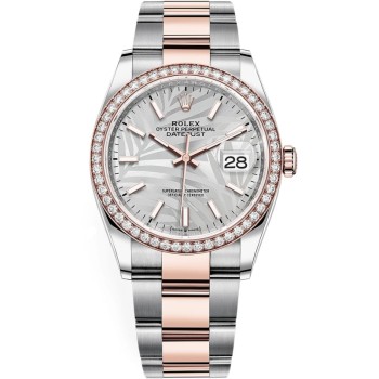 Rolex Datejust 36 falso em aço e amp; Relógio feminino Everose Gold Silver Palm-Motif com moldura de diamante M126281RBR-0020