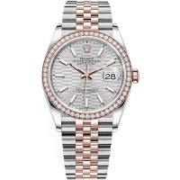 Cópia Rolex Datejust 36 Aço e amp; Relógio feminino Everose ouro prata com motivo canelado mostrador moldura de diamante M126281RBR-0021