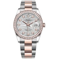 Cópia Rolex Datejust 36 Aço e amp; Relógio feminino Everose Gold Silver Palm-Motif Diamond Dial Moldura de diamante M126281RBR-0026